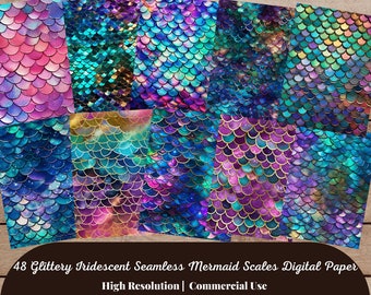 May include: 48 digital papers featuring iridescent mermaid scales in various shades of blue, purple, pink, and gold. The scales have a glittery, shimmering effect.
