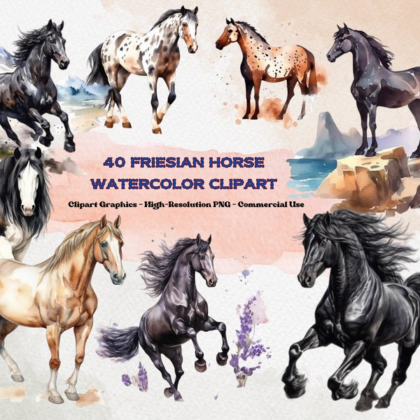 40 Clipart aquarelle de cheval frison | Haute qualité| Cheval rustique PNG | 99 CentsLoisirs créatifs| Lot d'animaux de la ferme pour créations et créations + cadeau