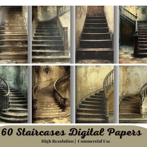 Könnte beinhalten: Satz mit 6 digitalen Hintergrundpapieren mit Vintage-Treppen in verschiedenen Stilen. Die Treppen sind aus Holz und haben einen abgenutzten, alten Look. Die Hintergründe eignen sich perfekt zum Erstellen digitaler Kunst, zum Scrapbooking und für andere kreative Projekte.