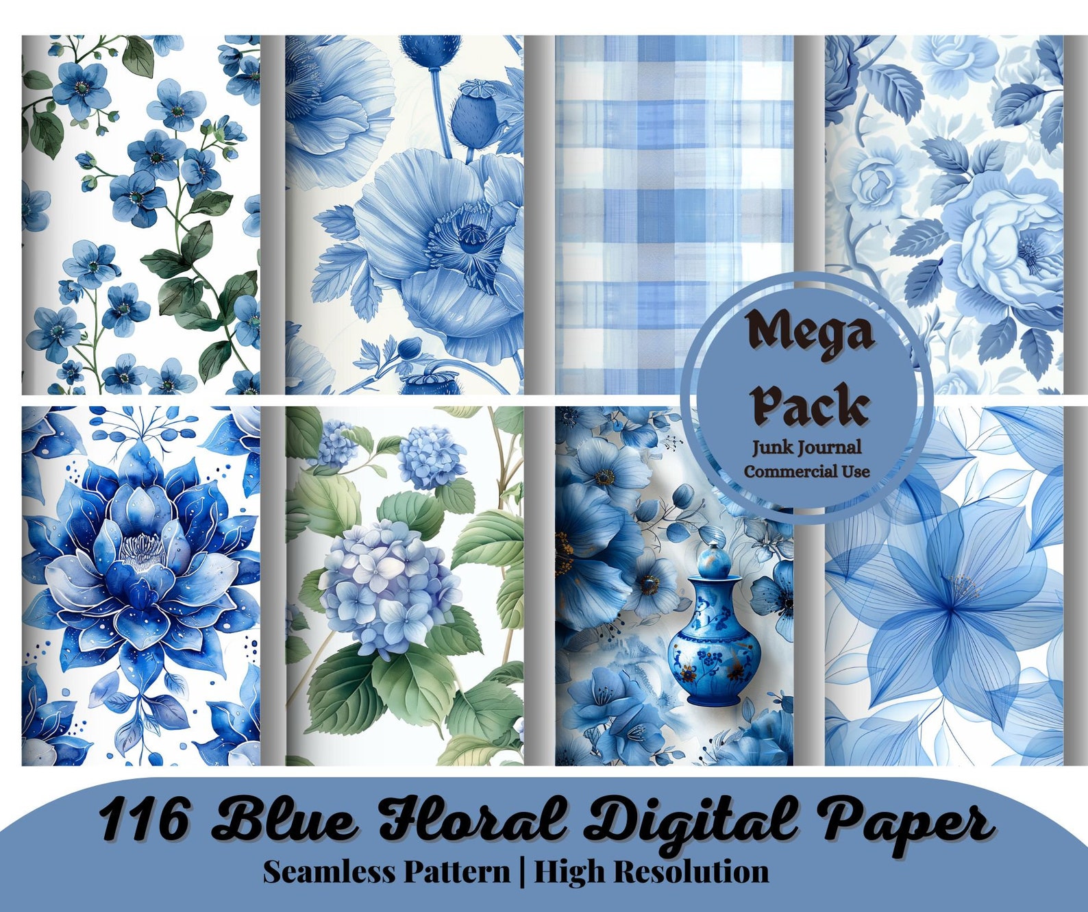 116 Watercolor Blue Floral Digital Paper Seamless Shabby Chic HD ...