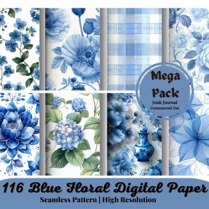116 Watercolor Blue Floral Digital Paper Seamless Shabby Chic HD Printable French Country Fabric Scrapbook Paper Blue Nursery Junk Journal