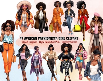 47 African Fashionista Girl Clipart, African American Woman PNG, Fashion Girl Graphics,Black Girl Fashion Clipart,Black Girls Magic Clipart