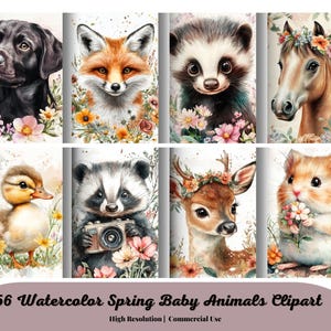 56 Watercolor Spring Baby Animals Clipart, animals with floral bouquets in PNG format instant download for commercial use