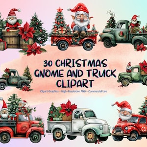 Lot de 30 cliparts de nain et camion de Noël, clipart Noël, graphiques png de nain d'hiver, sublimation de Noël, fond transparent