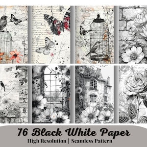 76 páginas de sellos imprimibles en papel blanco y negro que ahorran tinta, diario con escritura botánica grunge, jaulas para pájaros