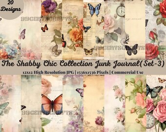 20 SHABBY CHIC COLLECTION Beautiful Background Pages Themed Digital Print Floral Pink Journaling Cards Junk Journal Printable Pink (Set-3)