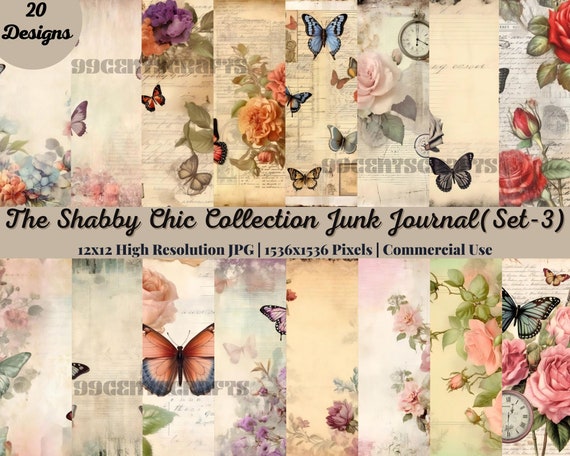 20 SHABBY CHIC COLLECTION Beautiful Background Pages Themed Digital Print Floral Pink Journaling Cards Junk Journal Printable Pink (Set-3)