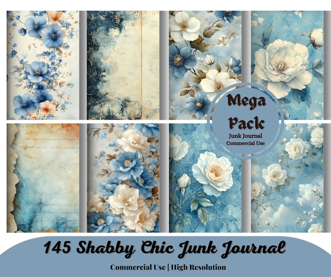 Blue Shabby Chic Junk Journal Kit, Vintage Shabby Chic Ephemera Collage ...