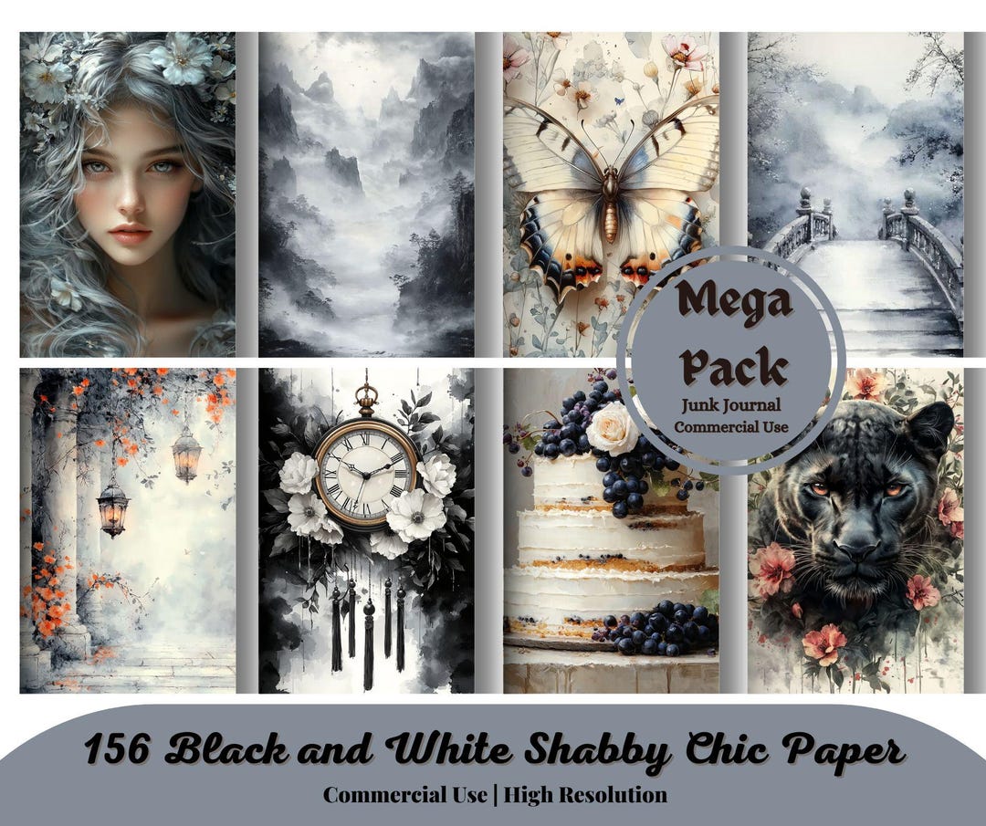 Black and White Shabby Chic Junk Journal Pages, Scrapbooking ...