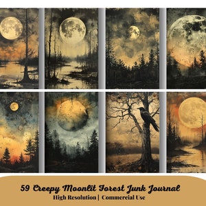 59 Creepy Moonlit Forest Junk Journal Pages Dark Fantasy Black Junkjournal Kit Halloween Digi Kit Goth Digital Paper Collage Sheet Printable