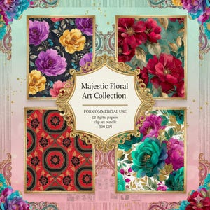 May include: A digital art collection featuring four framed floral designs. The collection includes images of purple, yellow, and red flowers, along with a red and black patterned design. The text reads "Majestic Floral Art Collection" and "FOR COMMERCIAL USE".