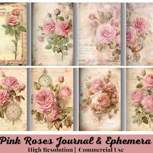 20 Pink Roses Journal  Ephemera Kit,  Vintage, Shabby Chic Pink Roses, Labels, Flowers,Printable Digital Download, Scrapbooking Floral Pages