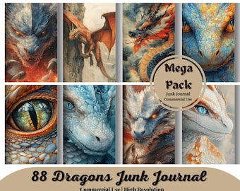 88 Dragons Junk Journal Kit Fantasy Dragon Scrapbook Printable Backgrounds Dragon Junk Journal Supplies Cute Dragons Shabby Chic Digital Art