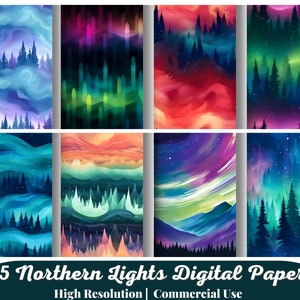 25 Nordlichter Digitales Papier | Aurora Borealis Hintergrund | Aquarell Nachthimmel | Aurora Digitales Papier | Nordischer Winter | Kommerzielle Nutzung