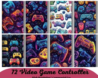 Könnte beinhalten: Eine digitale Collage aus bunten Videospielcontrollern auf verschiedenen Hintergründen. Die Controller sind in verschiedenen Farben, darunter Blau, Rot, Grün, Gelb und Lila. Die Hintergründe umfassen einen weißen Hintergrund mit einem Muster aus Pluszeichen, einen schwarzen Hintergrund mit einem Sternenhimmelmuster und einen schwarzen Hintergrund mit einem Galaxiemuster.
