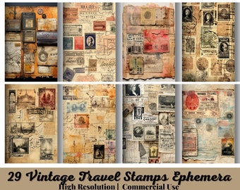 May include: A digital collage of vintage travel stamps and ephemera, featuring images of ships, trains, and airplanes, along with handwritten notes and faded paper textures. The collage is in shades of brown, beige, and red.