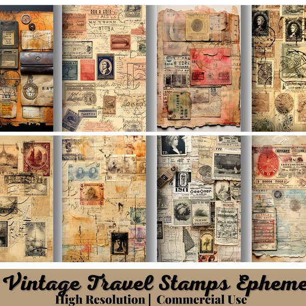 29 Digital Vintage Travel Stamps Ephemera, Digital Postal Ephemera Download, Grunge Postal Junk Journal Kit