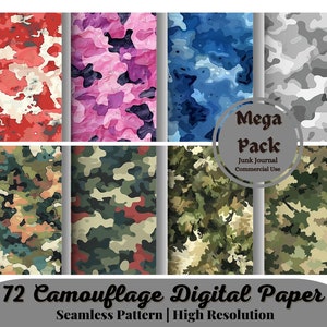 72 Camouflage Digital Paper Military Pack Seamless Different Patterns Colors Backgrounds Scrapbooks Texture Commercial Use JPGs 300 DPI JPEG