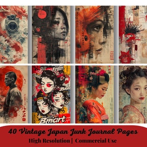 40 pagine di diario vintage Japan Junk, carta per album digitale, effimeri giapponesi, foglio di collage stampabile, sfondo asiatico, stampe orientali
