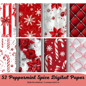 May include: Eight festive digital paper designs featuring Christmas motifs. Designs include red and white stripes with bows, snowflakes, poinsettias, candy canes, and a quilted pattern. The text reads "52 Peppermint Spice Digital Paper".