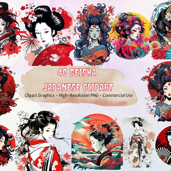 40 Geisha Japanese Clipart, Asian Clip Art, Bundle for Commercial use , Transparent PNG, Instant download, high resolution