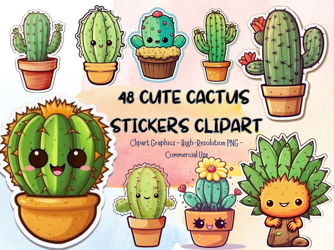 48 Cute Cactus Stickers Bundle, Cute Cactus Art, Cactus Clipart