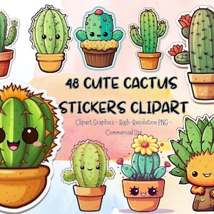 Paquete de 48 pegatinas de cactus lindo, arte de cactus lindo, imágenes prediseñadas de cactus, descarga digital, descarga instantánea, uso comercial