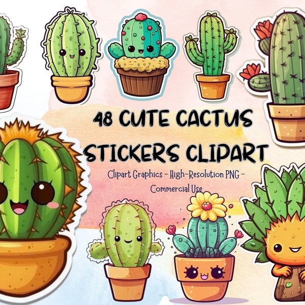 48 Cute Cactus Stickers Bundle, Cute Cactus art, Cactus ClipArt, Digital Download, Instant Download, Commercial Use