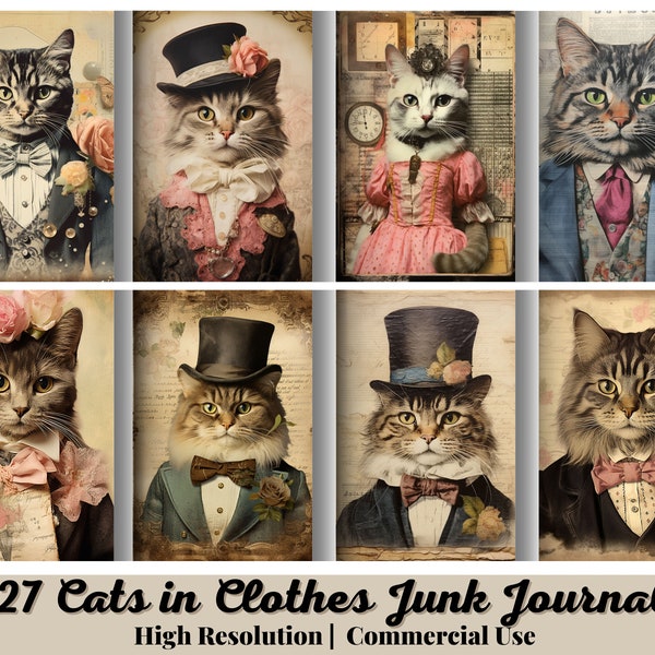 27 Cats in Clothes Junk Journal Half Papers, Journal Scrapbook Supply, Vintage Junk Journal Pages, Ephemera, Stamperia, Ephemera Pages