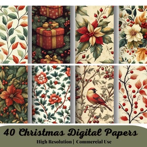 40 papiers numériques de Noël traditionnels à imprimer, pages de protection, arrière-plan de Noël, documents éphémères, téléchargement du journal indésirable, fabrication de cartes de scrapbooking