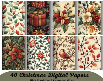 May include: A set of 10 digital papers featuring Christmas-themed patterns. The patterns include red poinsettias, holly berries, birds, and floral designs.