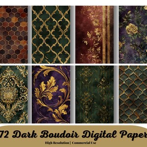 Donker boudoir digitaal papier, sierlijke achtergronden met barokke bloemen in decoratief goud instant download afdrukbaar papier