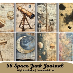 56 pagine stampabili del diario di spazzatura celeste, diario di astronomia, carta per album di ritagli spaziali, diario di spazzatura spaziale, diario della luna