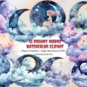 41 Dreamy Moons Watercolor Clipart Bundle - PNG Images of Fantasy Fairytale Enchanting Moon Art, PNG,Instant Digital Download,Commercial Use