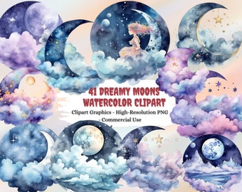 May include: A set of 41 watercolor clipart images featuring crescent moons, stars, and clouds in shades of blue, purple, and pink. The images are perfect for adding a whimsical touch to your digital or printed projects.
