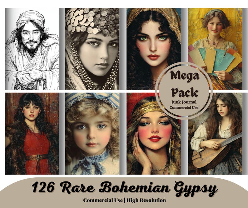 May include: A collage of 126 images featuring bohemian and gypsy themes. The images include portraits of women, a man with a beard, and a woman playing a lute. The images are in various styles, including black and white, color, and digital art. The text "Mega Pack Junk Journal Commercial Use" is displayed on the collage.
