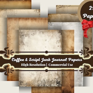 21 Coffee & Script Junk Journal Papers, Neutral, Brown, Dyed, Tea, Stained, Digital, Download, Vintage, Printable, 99CentsCrafts, Printable