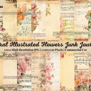 21 Junk Journal, Seiten, shabby, Rosa, Floral, Papiere, Kit, Liniert, Illustriert, Rosen, Blumen, Hohe Qualität, Printable, Digital Download