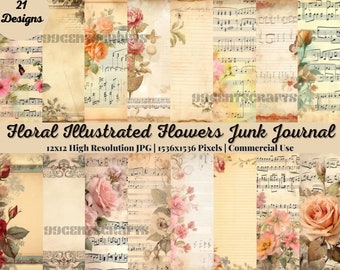 21 Junk Journal, Pages, Shabby, Pink, Floral, Papers, Kit, Lined, Illustrated, Roses, Flowers, High Quality, Printable, Digital Download