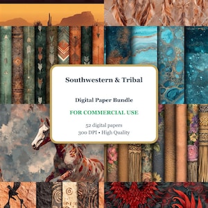 Può includere: Un pacchetto di carta digitale a tema sud-ovest e tribale. L'immagine presenta vari modelli, tra cui paesaggi desertici, acchiappasogni e disegni tribali. Il pacchetto include 52 carte digitali di alta qualità, adatte per uso commerciale.