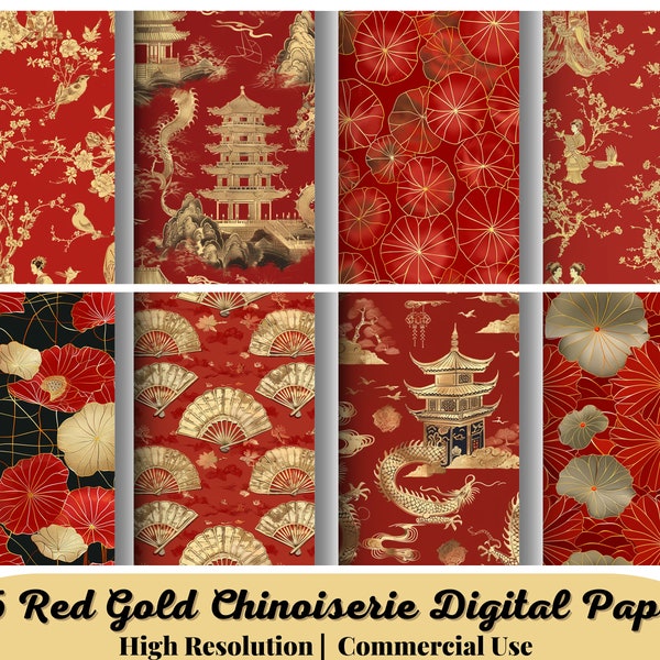 25 Red Gold Chinoiserie Digital Paper, seamless pattern, geisha wallpaper, asian background Chinese backdrop, toile journal, fabric oriental