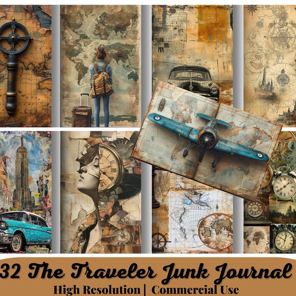 32 The Traveler Printable Junk Journal Kit, Vintage Grunge, Digital Download, Scrapbook Paper, Collage Sheets, Travel Ephemera, Industrial