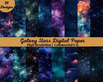 20 galaxstjärnor digitalt papper, rymdbakgrund, akvarell galax kosmiskt papper, natthimlens stjärnor, planetpapper, planeringspapper, stjärnstoftpapper