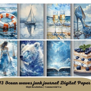 113 pagine di diario spazzatura con onde dell'oceano, scrapbooking, nautico, tema del mare, oceano blu, vita da spiaggia, pagine stampabili, immagini di sfondo