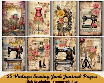 25 pages de carnet de couture vintage, kit de papier de scrapbooking numérique, impression victorienne, feuille de collage de dentelle, éphémères de machine à coudre