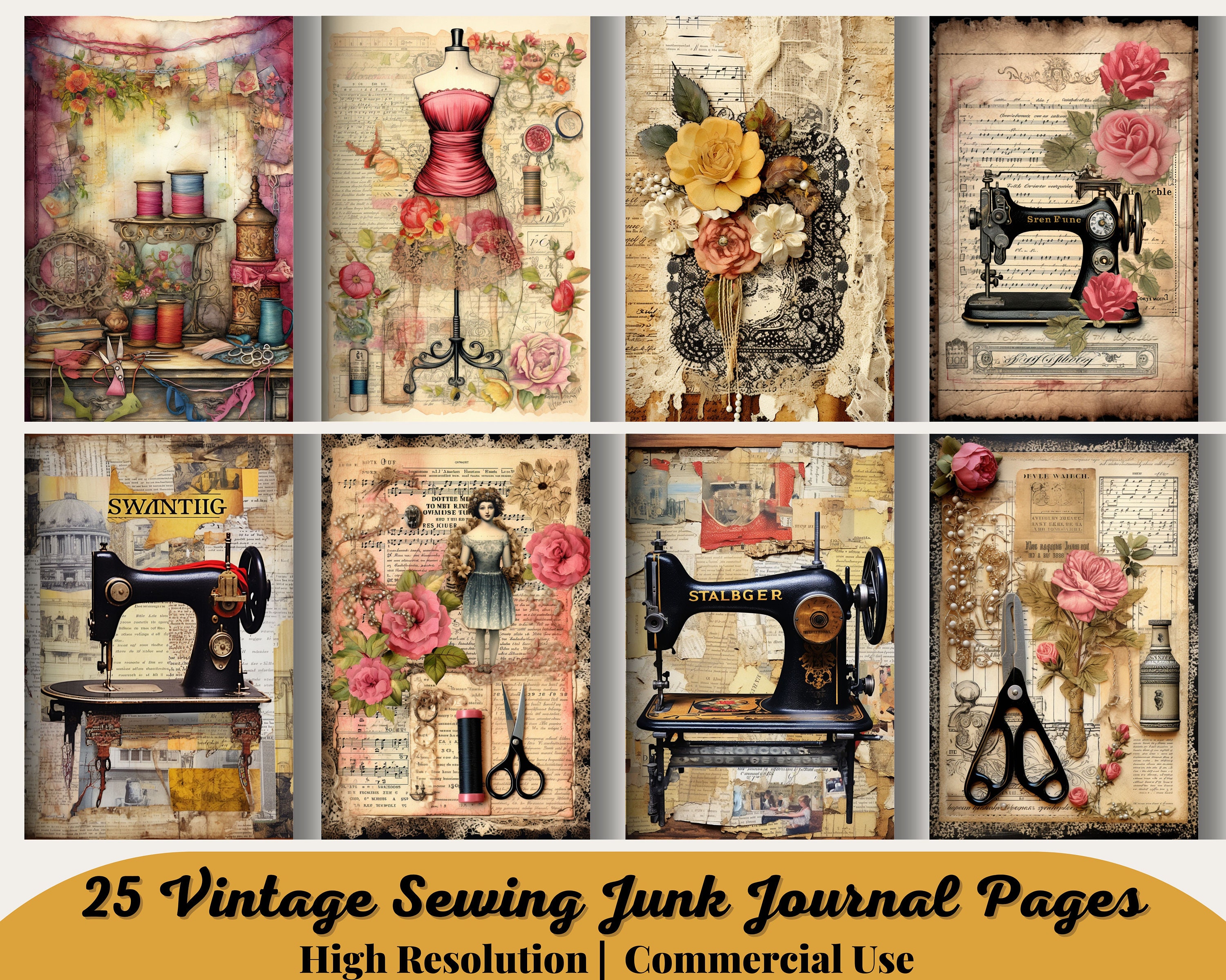 25 Vintage Sewing Junk Journal Pages, Digital Scrapbook Paper Kit ...