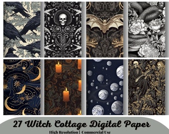 27 Witch Cottage Digital Paper Textures, seamless grunge pattern backgrounds, printable Halloween scrapbook paper for commercial use