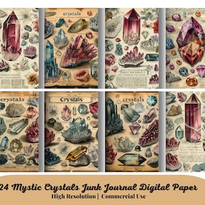 24 Mystic Crystals Junk Journal Pages, Digital Scrapbook Paper Kit, Magic Stones Printable, Vintage Diamond Collage Sheet, Witchy Download