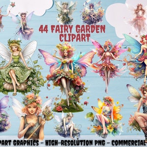 44 Fairy Garden Clipart Watercolor PNG Enchanted Forest Fairy PNG Bundle fairy tale graphics Floral Little Fairies Fairyland Clip art 300DPI