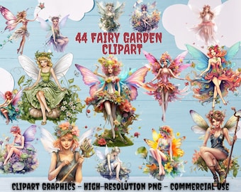 44 Fairy Garden Clipart Watercolor PNG Enchanted Forest Fairy PNG Bundle fairy tale graphics Floral Little Fairies Fairyland Clip art 300DPI
